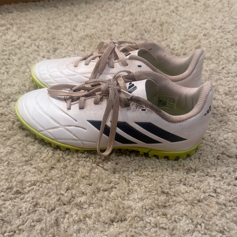 Adidas Kids White and Black Cleats with Yellow Sole